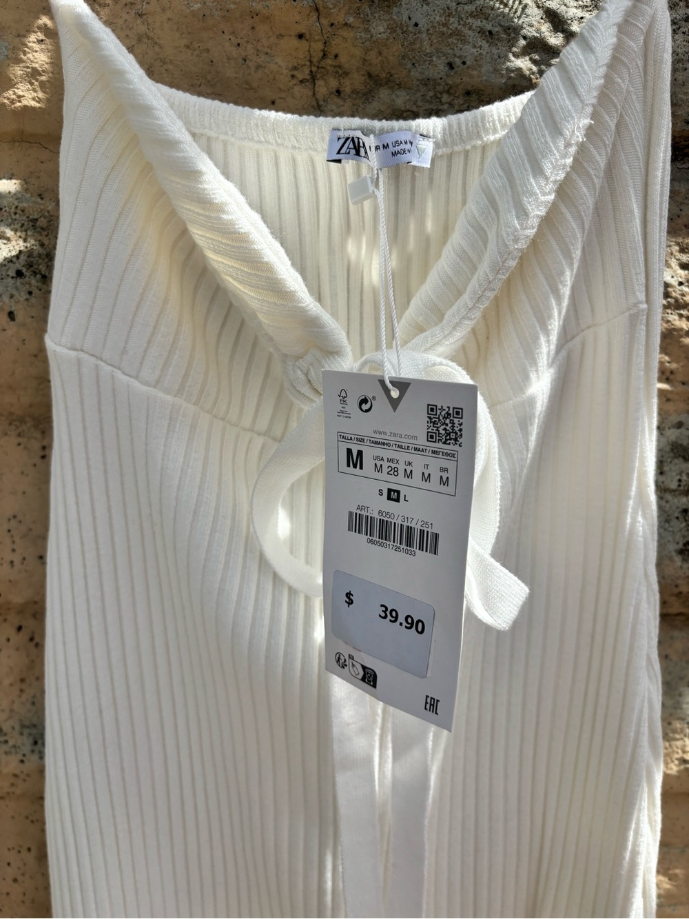 Zara Off-White Ribbed V-Neck Tie-Front Tank Top